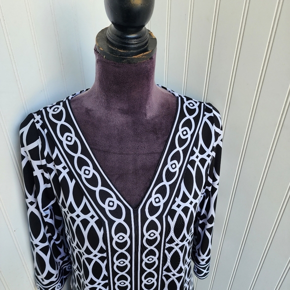 Mud Pie Tunic Dress Black White Geometric Print V Neck Balloon Sleeve Shif S 4-6 - Picture 3 of 10